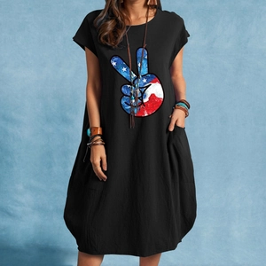Women's black loose cotton linen dress with American flag peace sign print