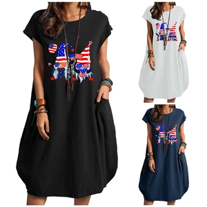 Robe Longue pour Femme Imprimé Gnomes du Jour de l'Indépendance en Coton Lin Décontractée Manches Courtes avec Poches