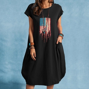 Women's black cotton linen dress with American flag print and functional side pockets