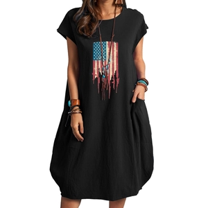 Women's black loose cotton linen dress featuring an American flag print and side pockets
