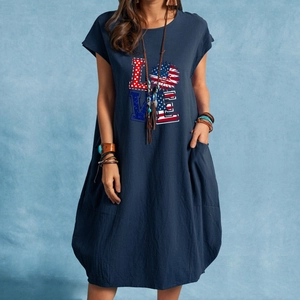 Damen Marineblaues kurzärmeliges lockeres Leinenkleid mit US-Flaggen LOVE Aufdruck