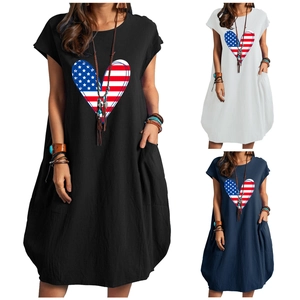 Abito da Donna Casual in Misto Lino con Stampa Cuore Bandiera USA Manica Corta Girocollo Taglie Forti Tasche Abito Maxi Giorno Indipendenza
