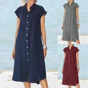 Robe Midi Décontractée en Coton Lin pour Femmes Boutonnage Simple Col Montant Robe Chemisier Manches Courtes Avec Poche Couleur Unie