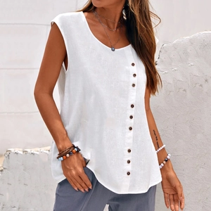 Women's white sleeveless cotton linen top with decorative wooden side buttons