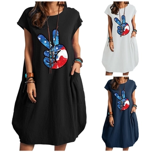 Women Casual Linen Blend Loose Maxi Dress American Flag Peace Sign Print Round Neck Short Sleeve Dress With Pockets