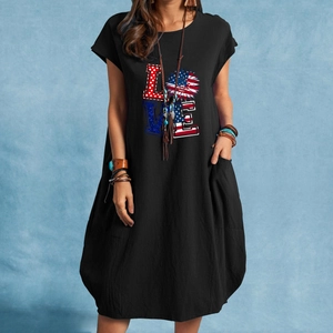 Schwarzes Baumwoll-Leinen-Midikleid mit USA-Flaggen-LOVE-Print und großen praktischen Taschen