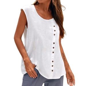 Detail of white cotton linen sleeveless top with wooden buttons and natural fabric texture