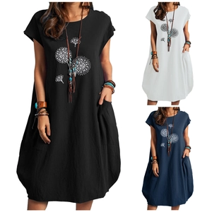 Damen Sommer Casual Leinenmischung Kurzarm Rundhals Midi Kleid Mit Taschen Pusteblume Punkt Druck Künstlerisches Lockeres Kleid