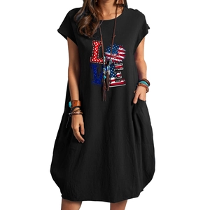Damen Baumwoll-Leinen Kleid in Schwarz mit USA LOVE-Druck und praktischen Taschen