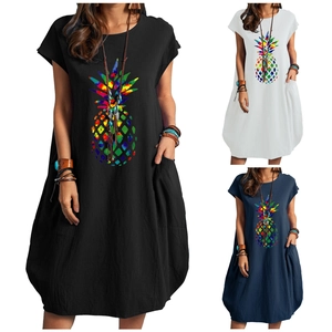 Damen Casual Baumwolle Leinen Mischung Kurzarm Rundhals Midikleid Mit Taschen Farbigem Ananas Druck Lockere Passform Sommer Urlaub Outfit