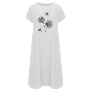 Detailansicht von Pusteblumen-Druck und Seitentaschen auf weißem Leinenkleid