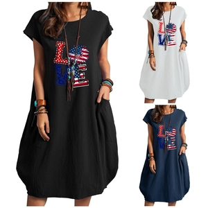 Damen Unabhängigkeitstag Baumwolle Leinen Kleid Lässig Locker Kurzarm Rundhals Midi Kleid Mit Taschen LOVE Druck