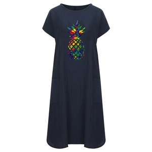 Dunkelblaues Baumwolle-Leinen-Kleid mit buntem Ananas-Print und Seitentaschen