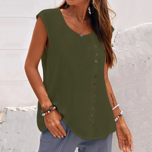 Detail of olive green sleeveless cotton linen top with decorative wood buttons
