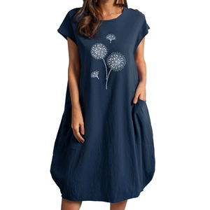 Damen Sommer Baumwolle Leinen Kleid mit Pusteblumen-Druck und Seitentaschen in Dunkelblau