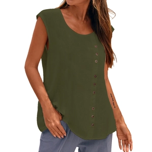 Women's loose sleeveless cotton linen tank top in army green with button details