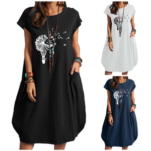 Abito da Donna Casual in Misto Lino Stampa a Soffione Manica Corta Girocollo Vestito Midi Ampio Con Tasche Estivo Bohemian