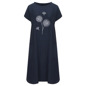 Damen Sommer Baumwolle Leinen A-Linie Kleid in Dunkelblau mit Pusteblumen-Druck und Taschen