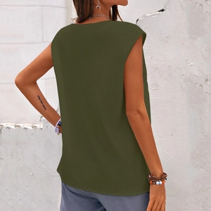 Side view of olive green cotton linen sleeveless top with round neck and loose fit