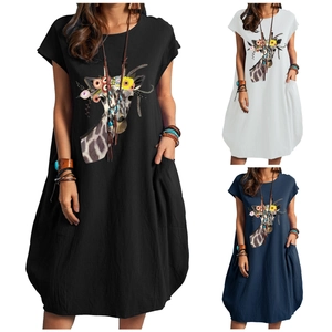 Damen Casual Giraffe Blumenmuster Leinenmischung Kleid Kurzarm Rundhals Locker Midi Kleid Mit Taschen
