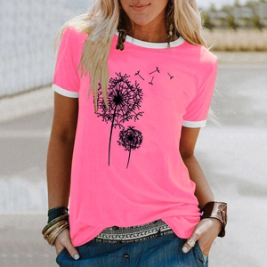 T-shirt rose pour femme avec imprimé pissenlit et bordure contrastée blanche au col