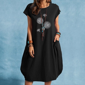 Damenkleid aus Baumwolle und Leinen in Schwarz mit Löwenzahndruck und großen Taschen