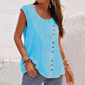 Women's sky blue linen sleeveless tank top with asymmetric side buttons and round neck style