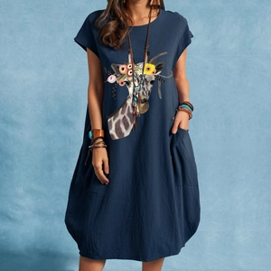 Dunkelblaues Baumwoll-Leinen-Kleid in Übergröße mit Giraffenprint und Taschen