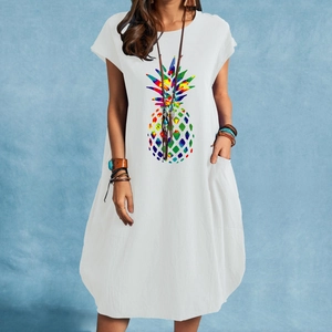 Damenkleid aus Baumwolle und Leinen mit buntem Ananas-Druck und Seitentaschen