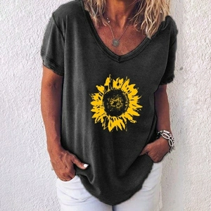T-Shirt Femmes Imprimé Tournesol Col en V Manches Courtes Décontracté Ample Mélange de Coton Rétro Haut d'Été