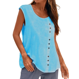 Detail of light blue sleeveless cotton linen top showing decorative buttons and fabric texture