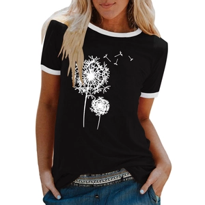 Détails d'un t-shirt femme avec imprimé pissenlit et col rond contrasté blanc de style ringer