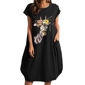 Damenkleid aus Baumwolle und Leinen in Schwarz mit Giraffenprint und Taschen