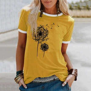 T-shirt jaune pour femme avec imprimé pissenlit, bordures contrastées et coupe décontractée