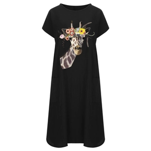Damen Sommerkleid aus Baumwolle und Leinen in Schwarz mit Giraffen-Druck