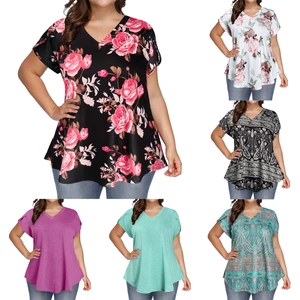 Plus size women's V-neck floral T-shirt with petal sleeves in six vibrant color options