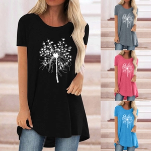 Maglietta da Donna Casual Con Stampa a Soffione Girocollo Maniche Corte Larga Lunghezza Media Orlo Irregolare Top