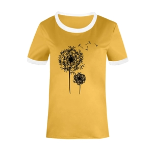 Détail de l'imprimé pissenlit et bordures blanches sur t-shirt jaune pour femme