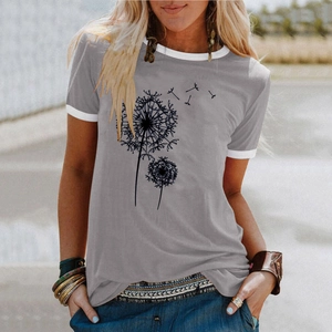 T-shirt femme avec imprimé pissenlit, corps gris et manches courtes blanches contrastées