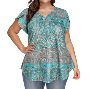 Plus size V-neck t-shirt with teal paisley and floral patterns for a casual boho look