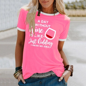 Pink ringer t-shirt with letter wine glass print and white contrast neck and sleeve bands