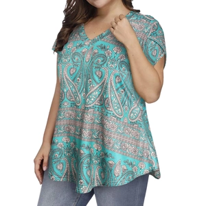 Detail of V-neck plus size teal paisley print top with petal sleeves and loose fit