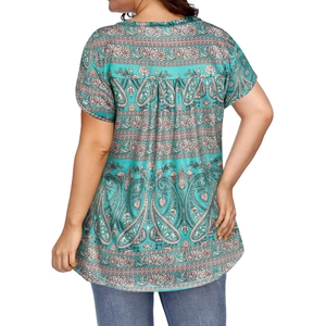 Detail view of the bohemian paisley print and pleated back design on women's V-neck top