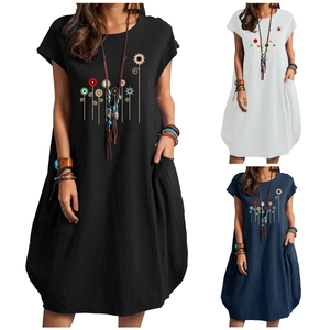 Women Casual Cotton Linen Blend Floral Print Midi Dress Loose Fit Summer Short Sleeve Dress With Pockets Boho Style