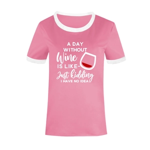 Close-up of peach pink ringer t-shirt with funny wine glass print and white contrast trim