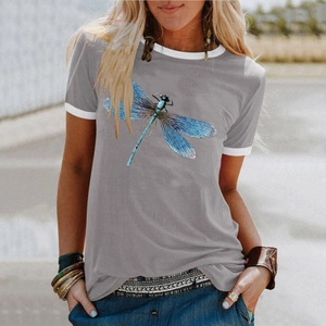 T-shirt femme gris avec imprimé libellule bleue et finitions contrastées blanches chic