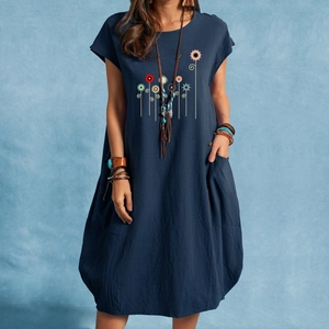 Navy blue cotton linen floral dress with round neck, loose fit and side pockets