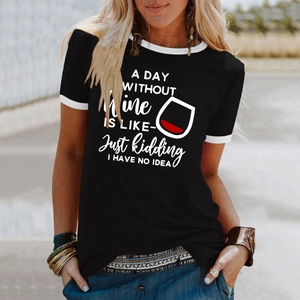 Detail of black cotton T-shirt featuring white contrast ribbing and wine glass print