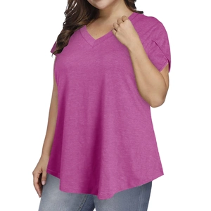 Detail shot of the V-neckline and loose A-line hem on the plus size rose red t-shirt