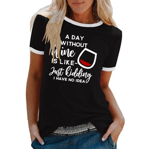 Detail of Ringer T-shirt featuring wine glass graphic and humorous typography on chest